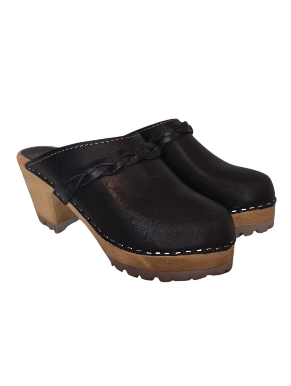 MIA Elsa Swedish Clog Mules Size 39 Black Leather Braided Boho Cottagecore